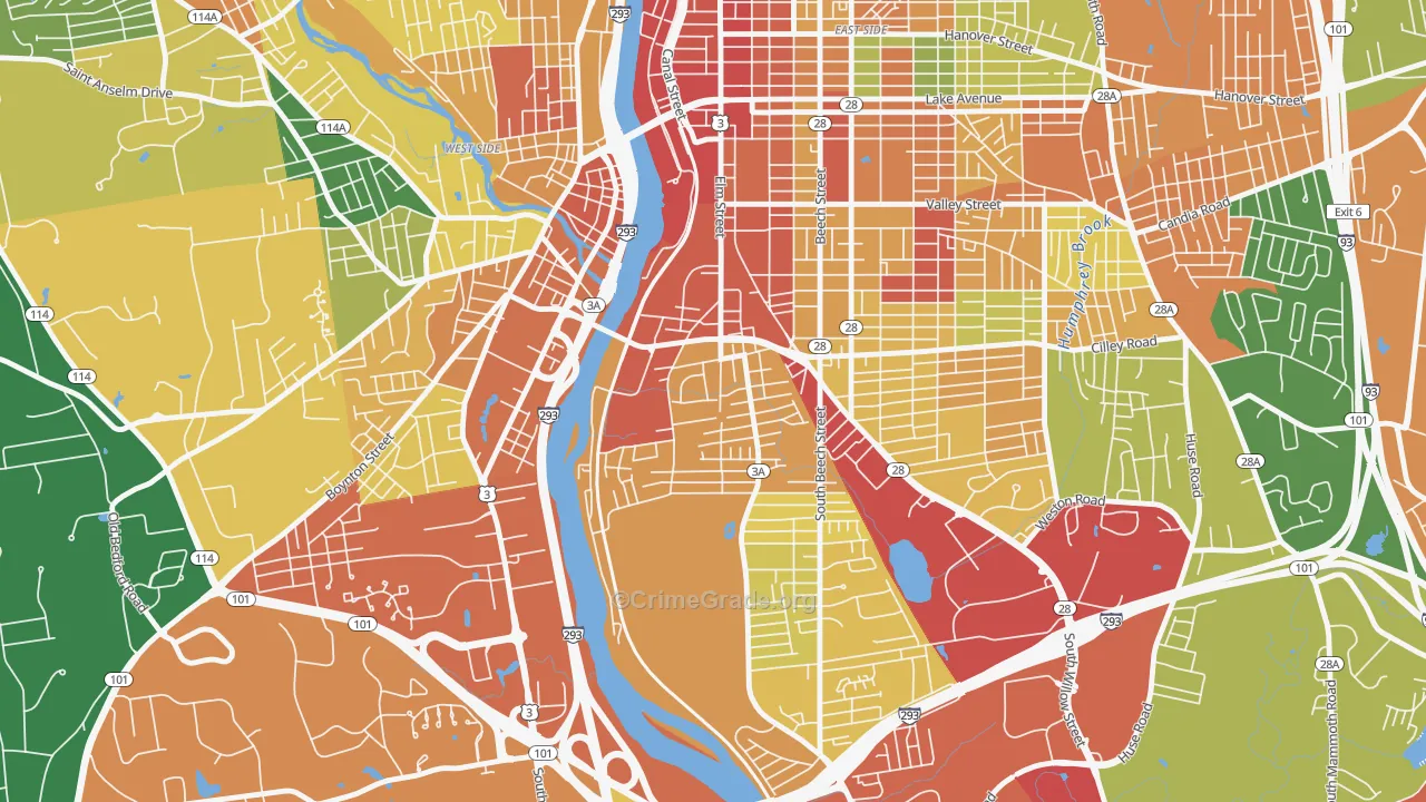 Bakersville, Manchester, NH Map of Assault Rates
