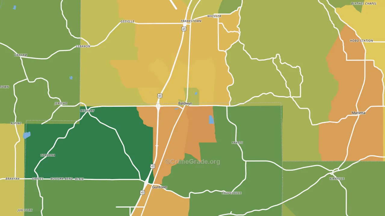 Baldwyn, MS Map of Assault Rates