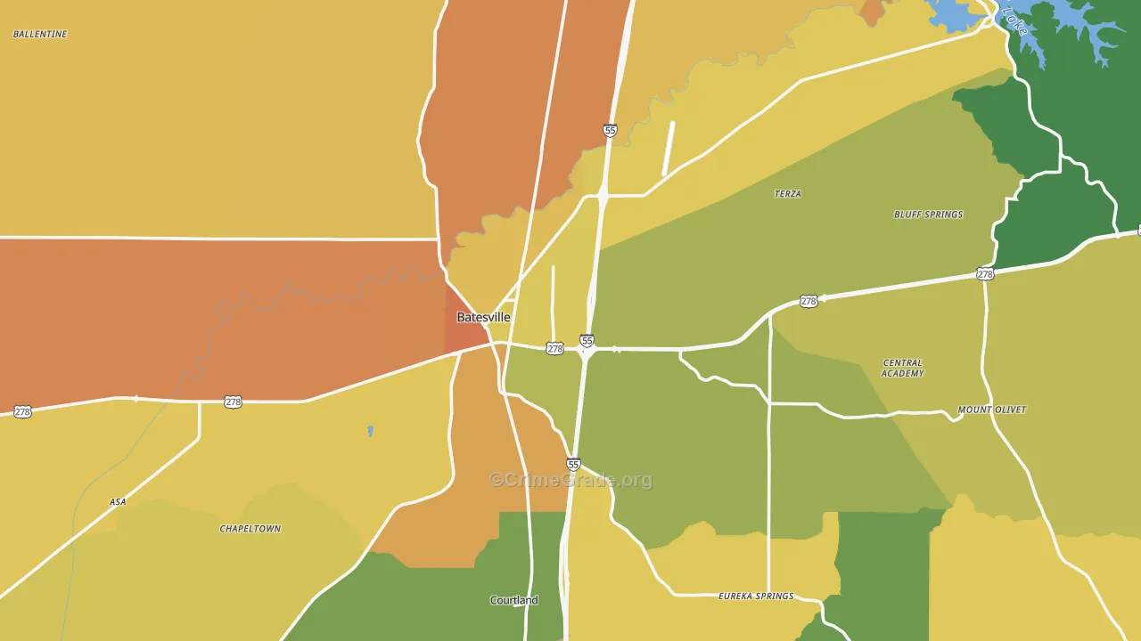 Batesville, MS Map of Assault Rates