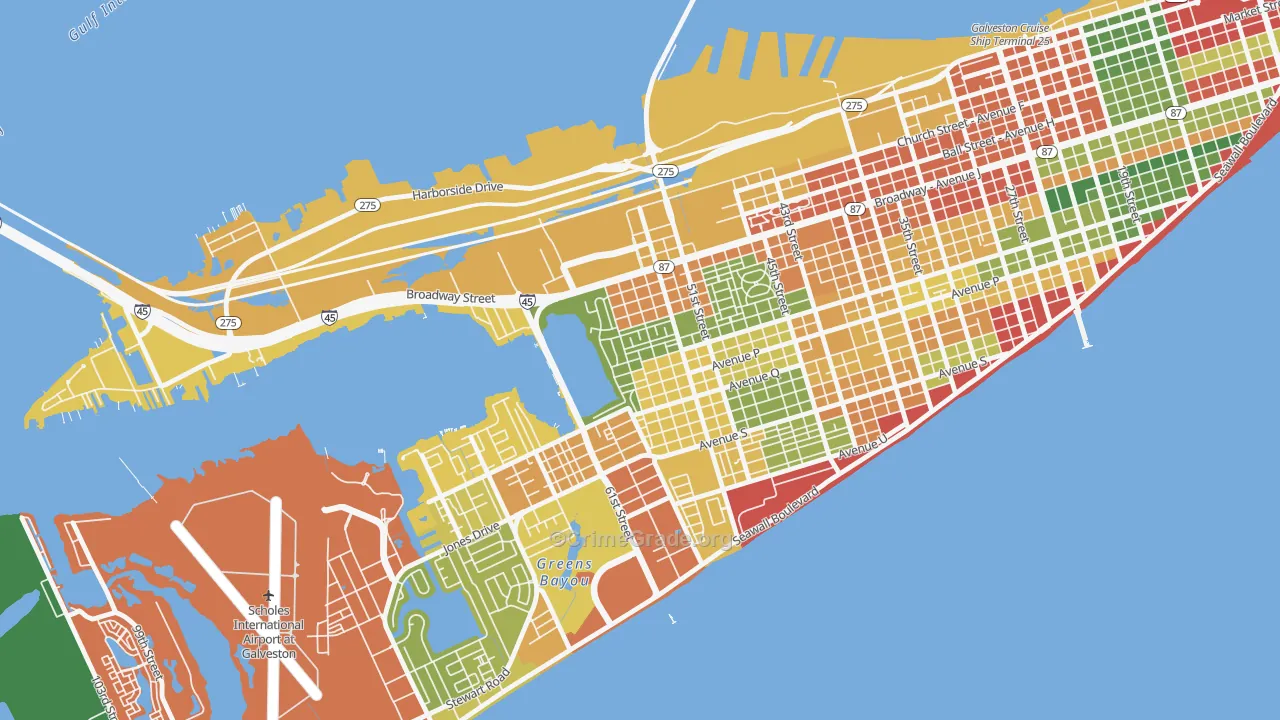 Bayou Shore, Galveston, TX Map of Assault Rates