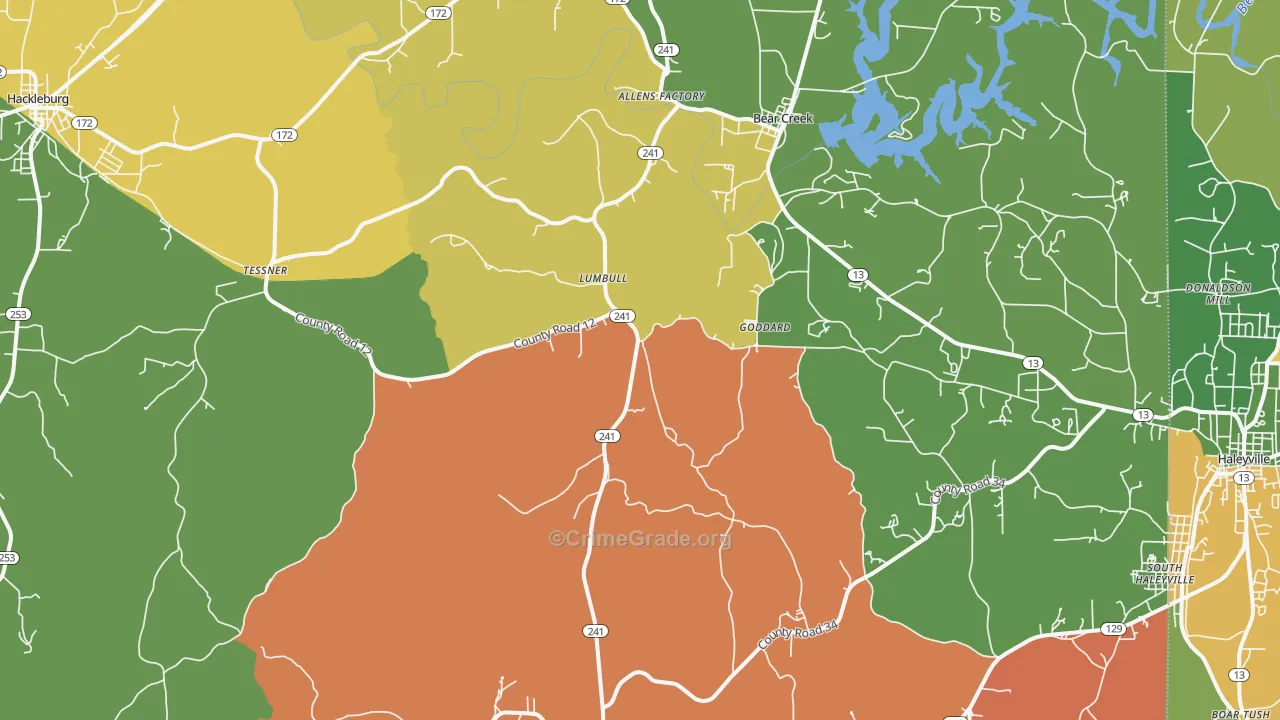 Bear Creek, AL Map of Assault Rates