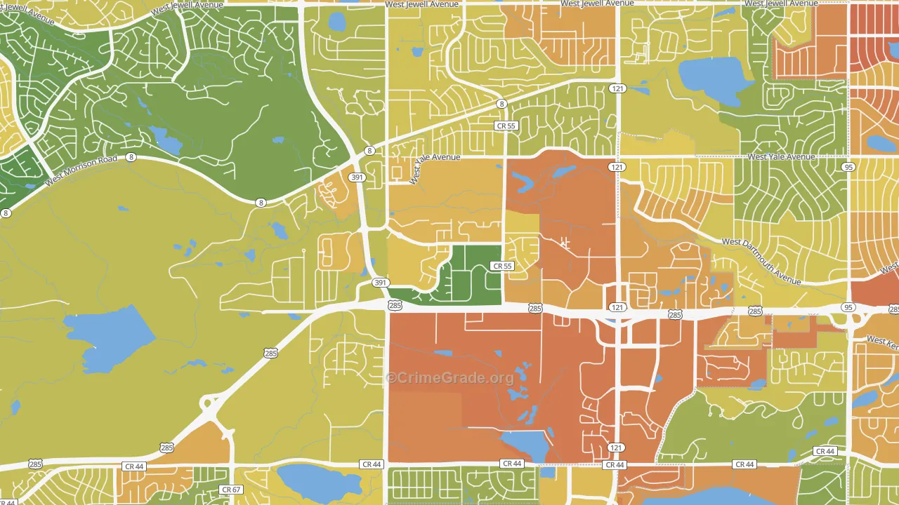 Bear Creek, Lakewood, CO Map of Assault Rates