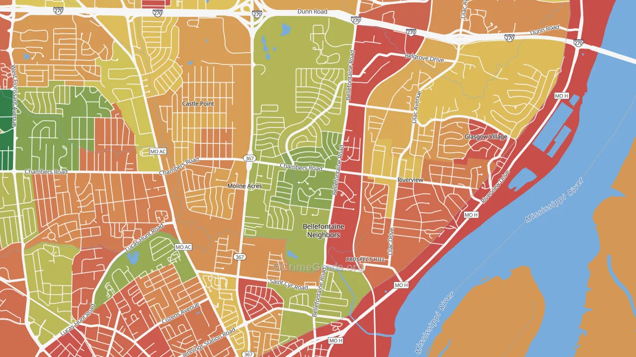 Bellefontaine Neighbors, MO Map of Assault Rates