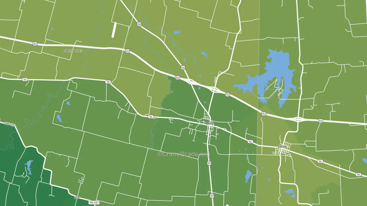 Bells, TX Map of Assault Rates