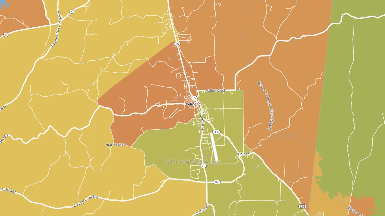 Belmont, MS Map of Assault Rates