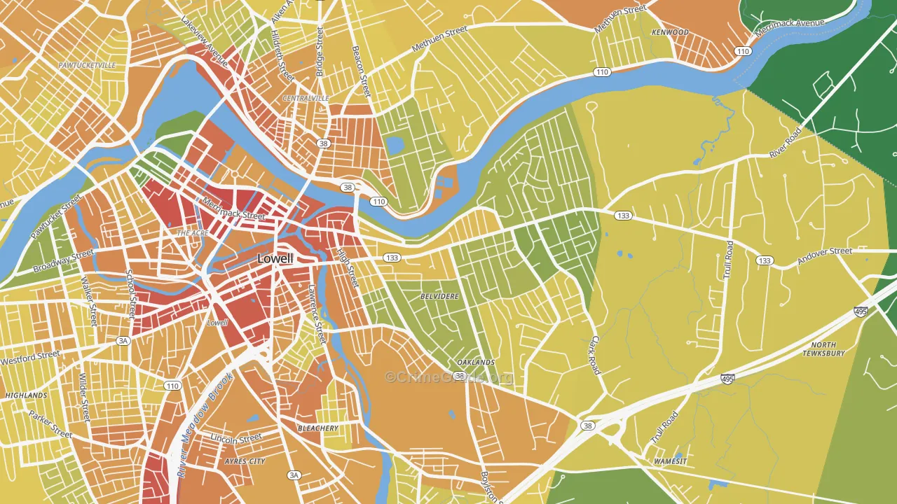 Belvidere, Lowell, MA Map of Assault Rates
