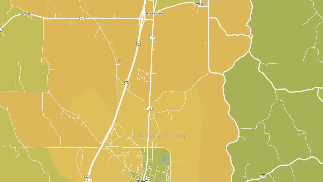 Bethany, MS Map of Assault Rates