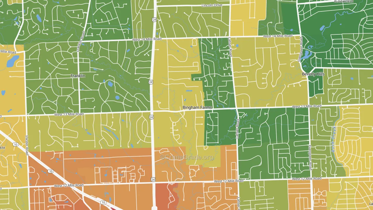 Bingham Farms, MI Map of Assault Rates