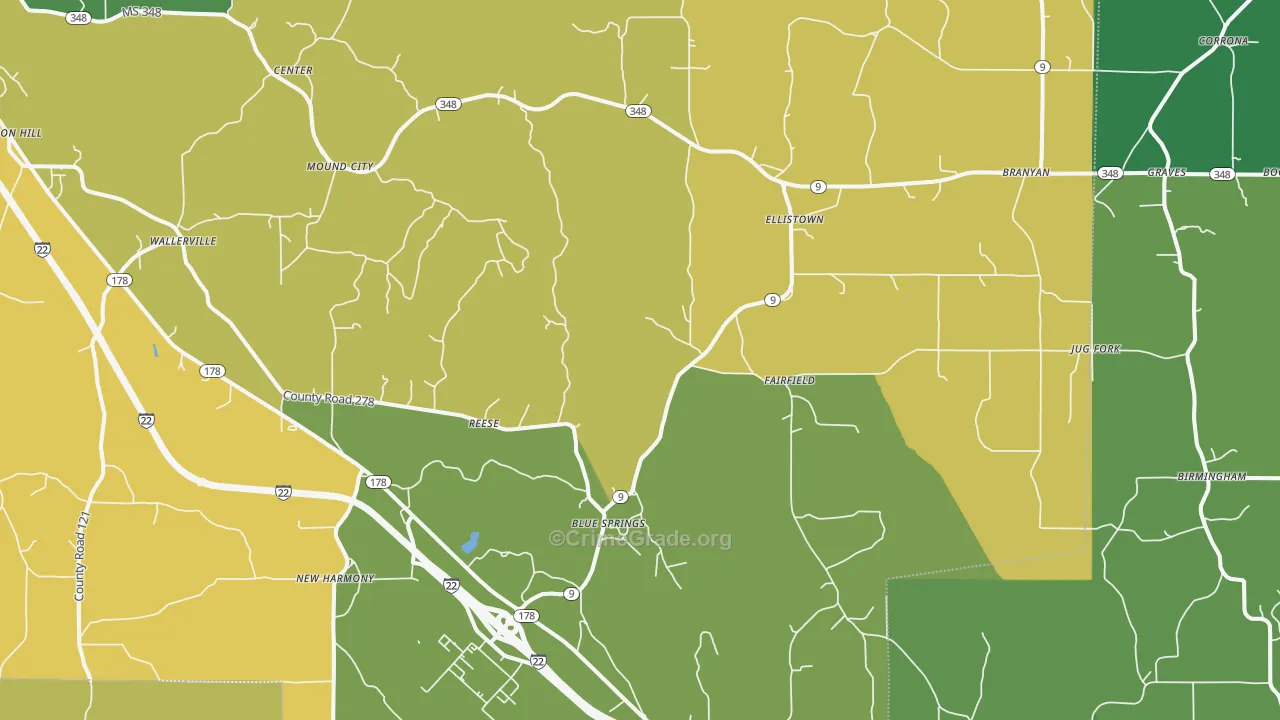 Blue Springs, MS Map of Assault Rates