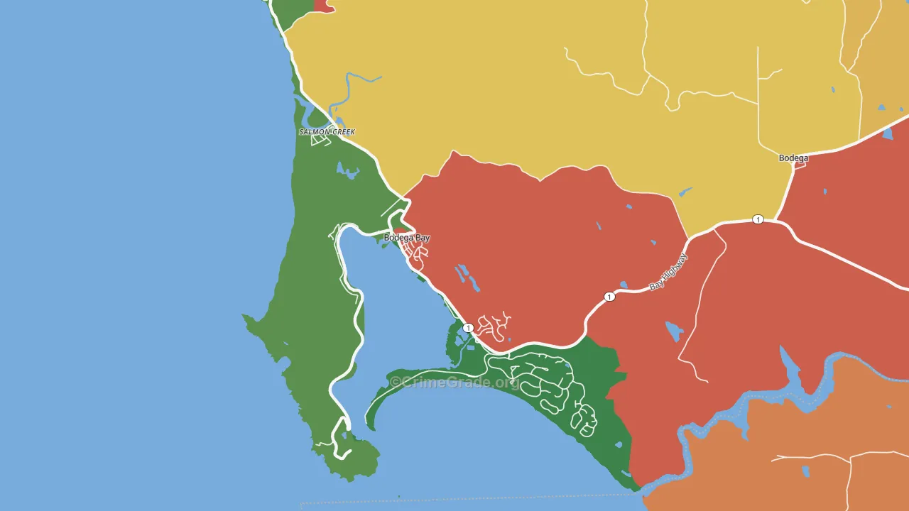 Bodega Bay, CA Map of Assault Rates