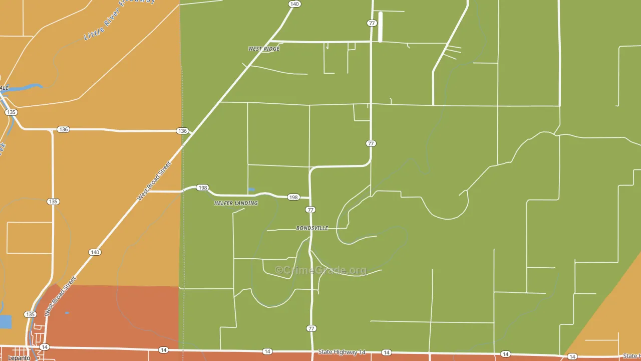 Bondsville, AR Map of Assault Rates
