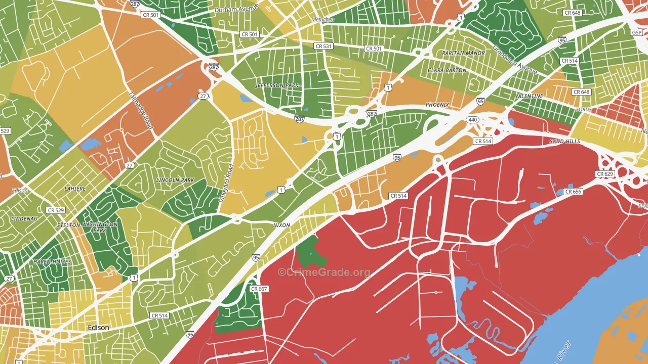 Bonhamtown, Edison, NJ Map of Assault Rates