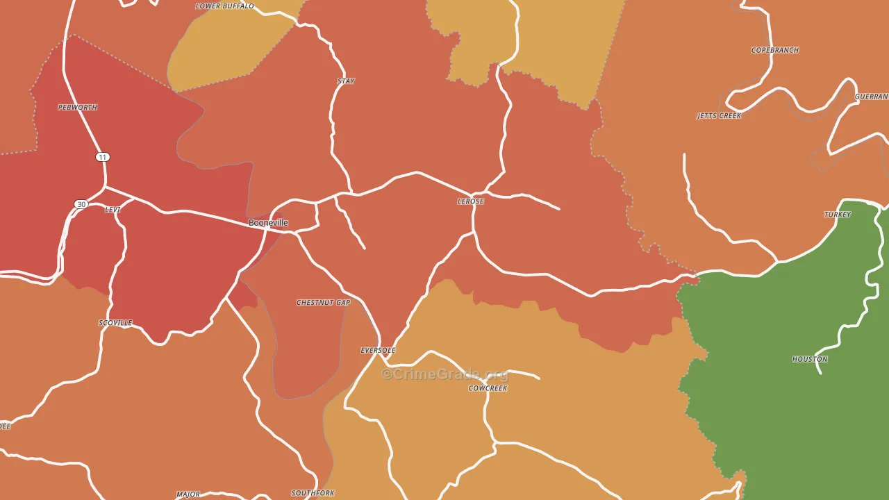 Booneville, KY Map of Assault Rates
