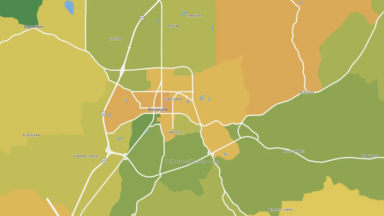 Booneville, MS Map of Assault Rates