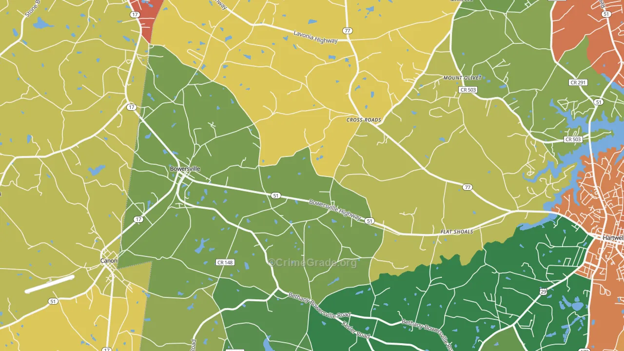 Bowersville, GA Map of Assault Rates