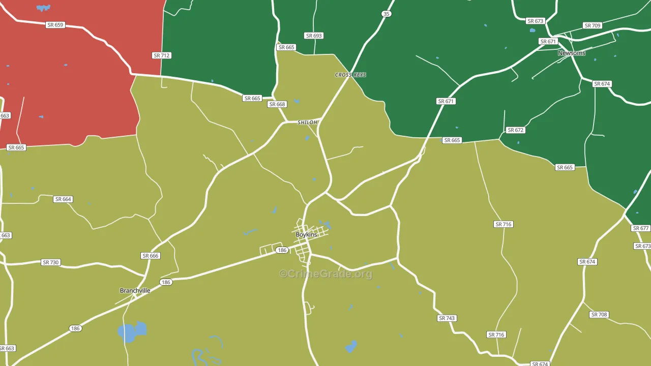 Boykins, VA Map of Assault Rates