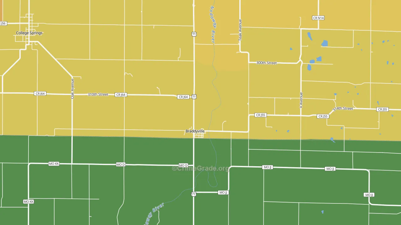 Braddyville, IA Map of Assault Rates