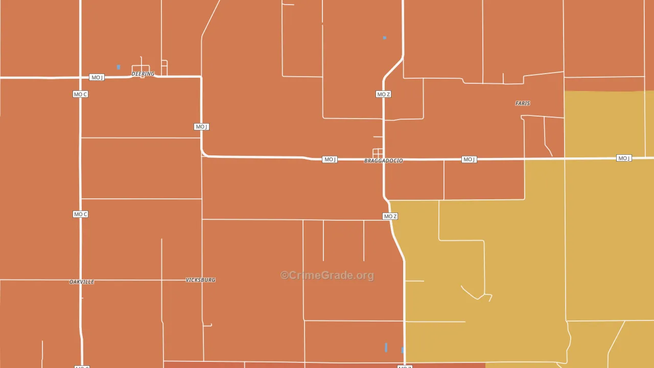 Braggadocio, MO Map of Assault Rates