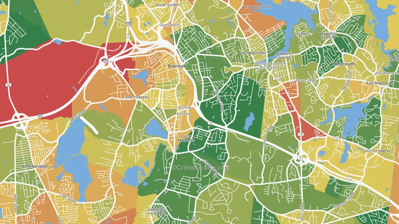 Braintree Town, MA Map of Assault Rates