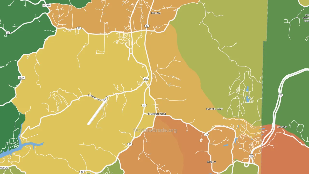 Branson West, MO Map of Assault Rates