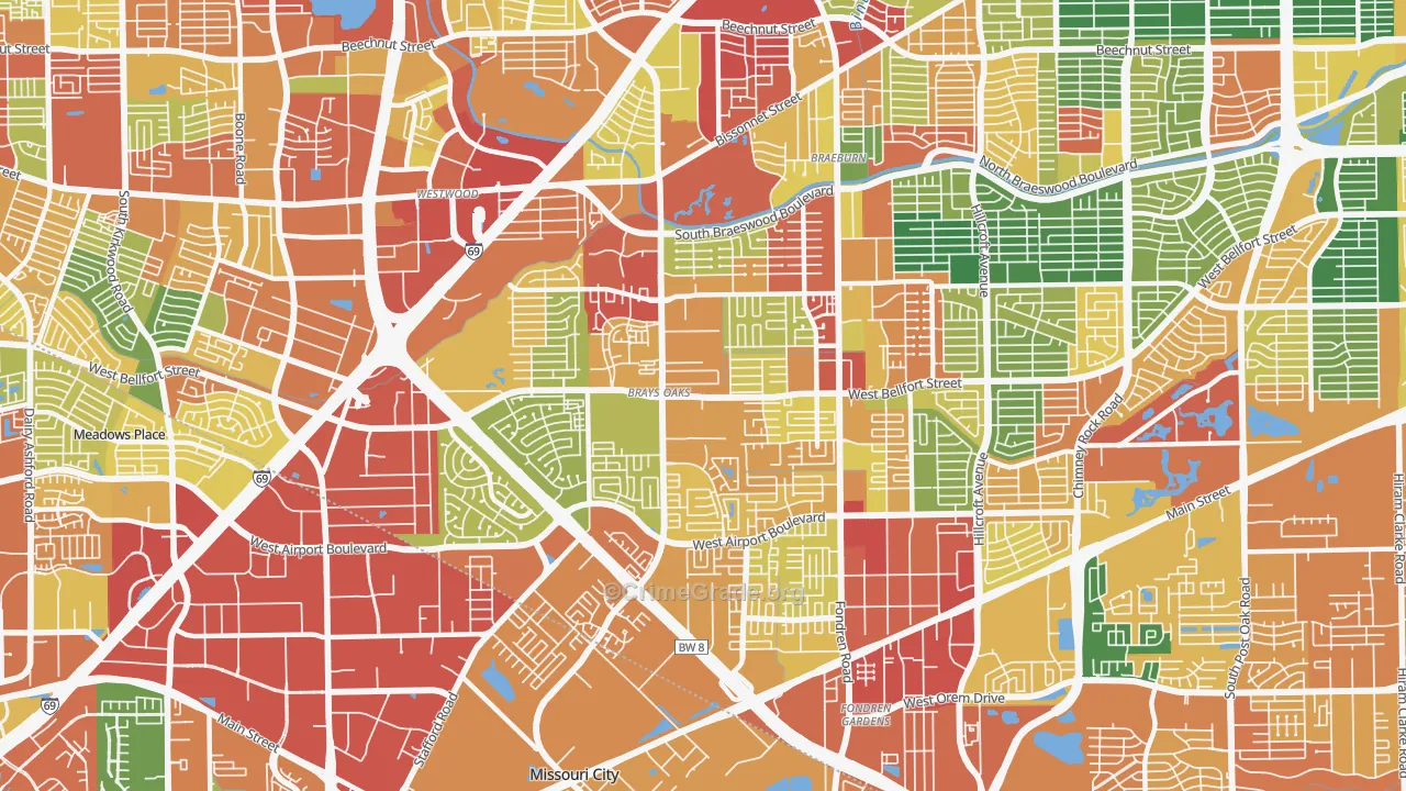 Brays Oaks, Houston, TX Map of Assault Rates