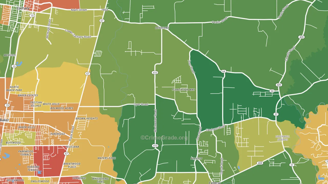 Brownsfield-Central, Baton Rouge, LA Map of Assault Rates