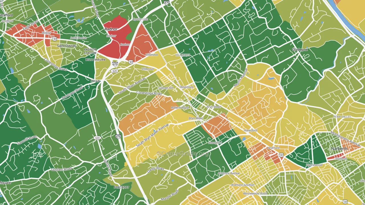 Bryn Mawr, PA Map of Assault Rates