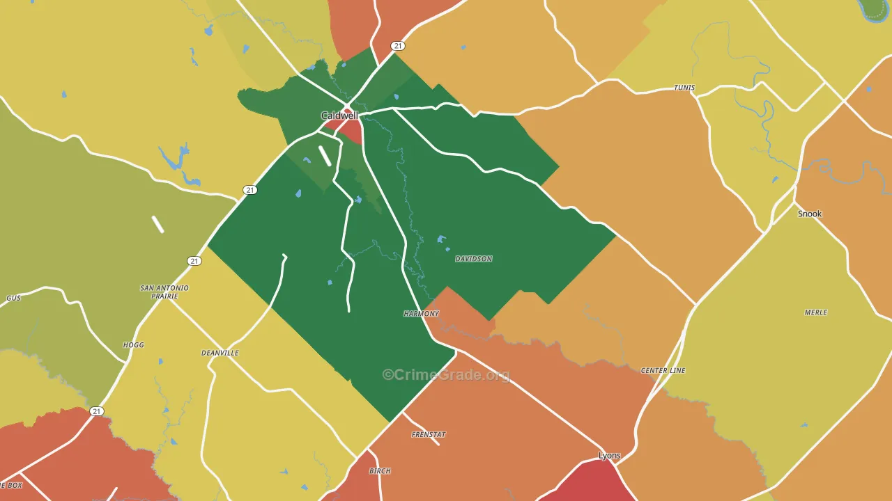 Burleson County, TX Map of Assault Rates