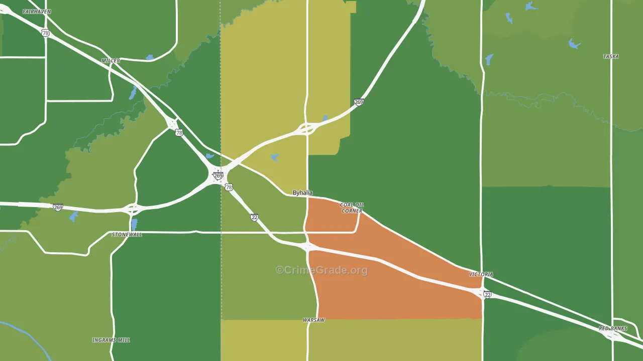 Byhalia, MS Map of Assault Rates