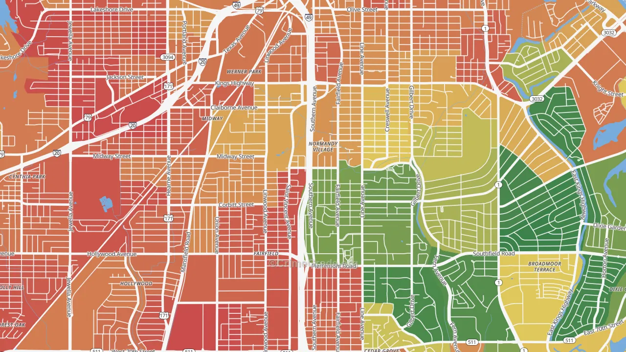 Caddo Heights-South Highlands, Shreveport, LA Map of Assault Rates