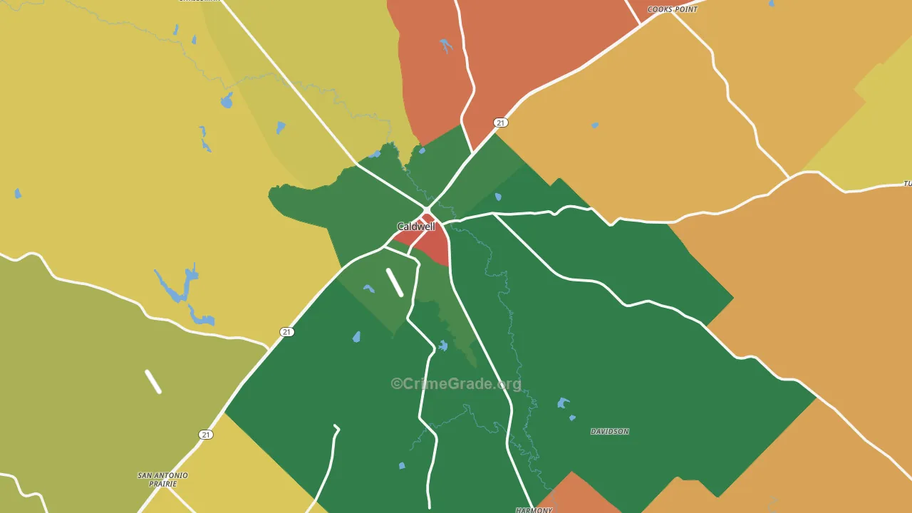 Caldwell, TX Map of Assault Rates