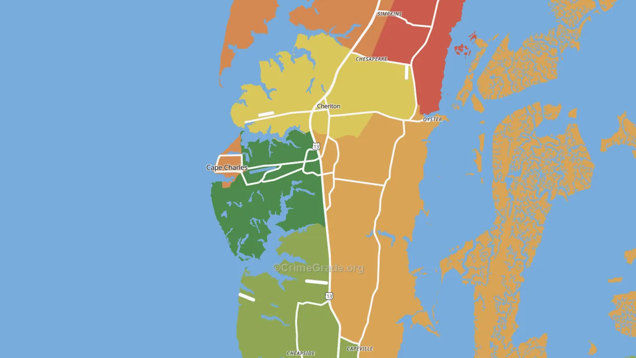 Cape Charles, VA Map of Assault Rates