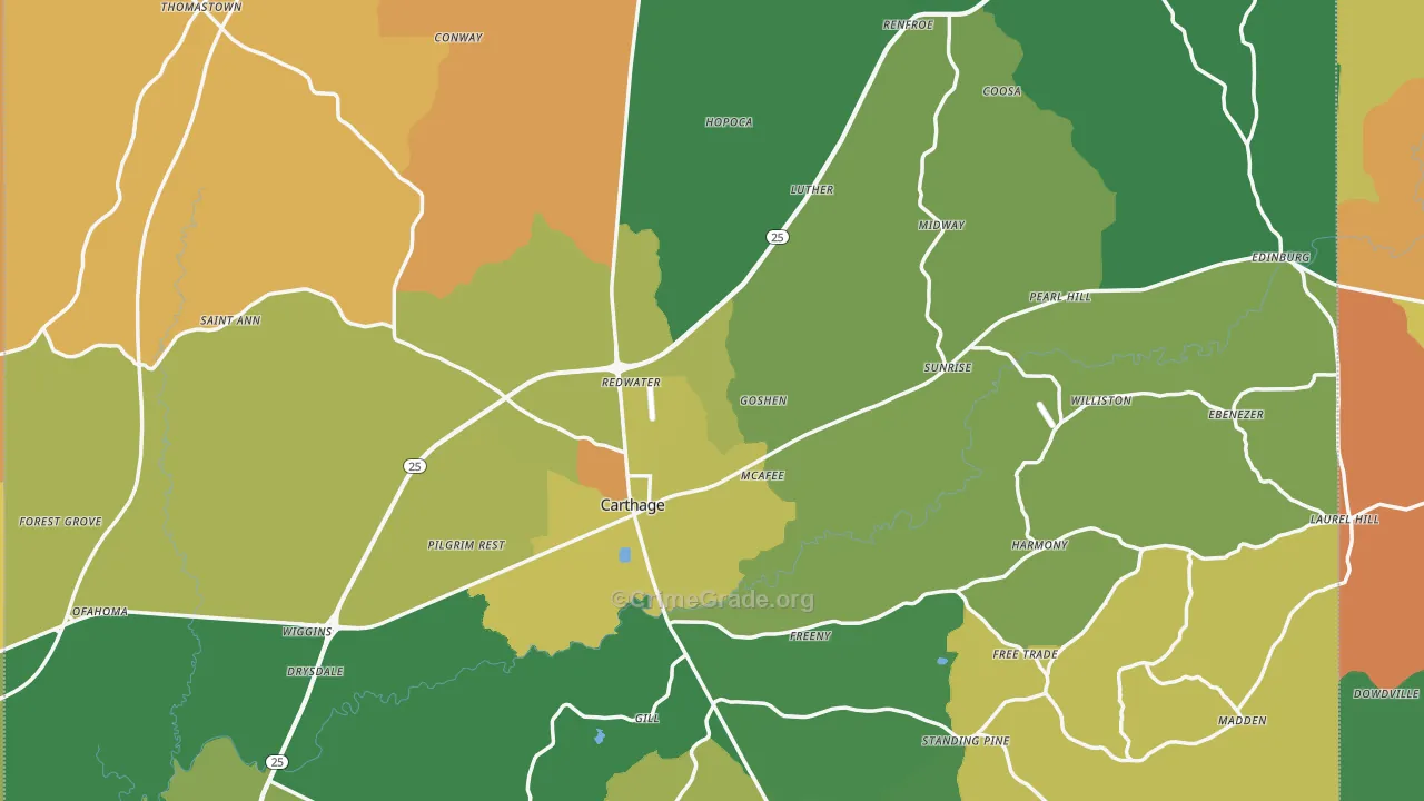 Carthage, MS Map of Assault Rates