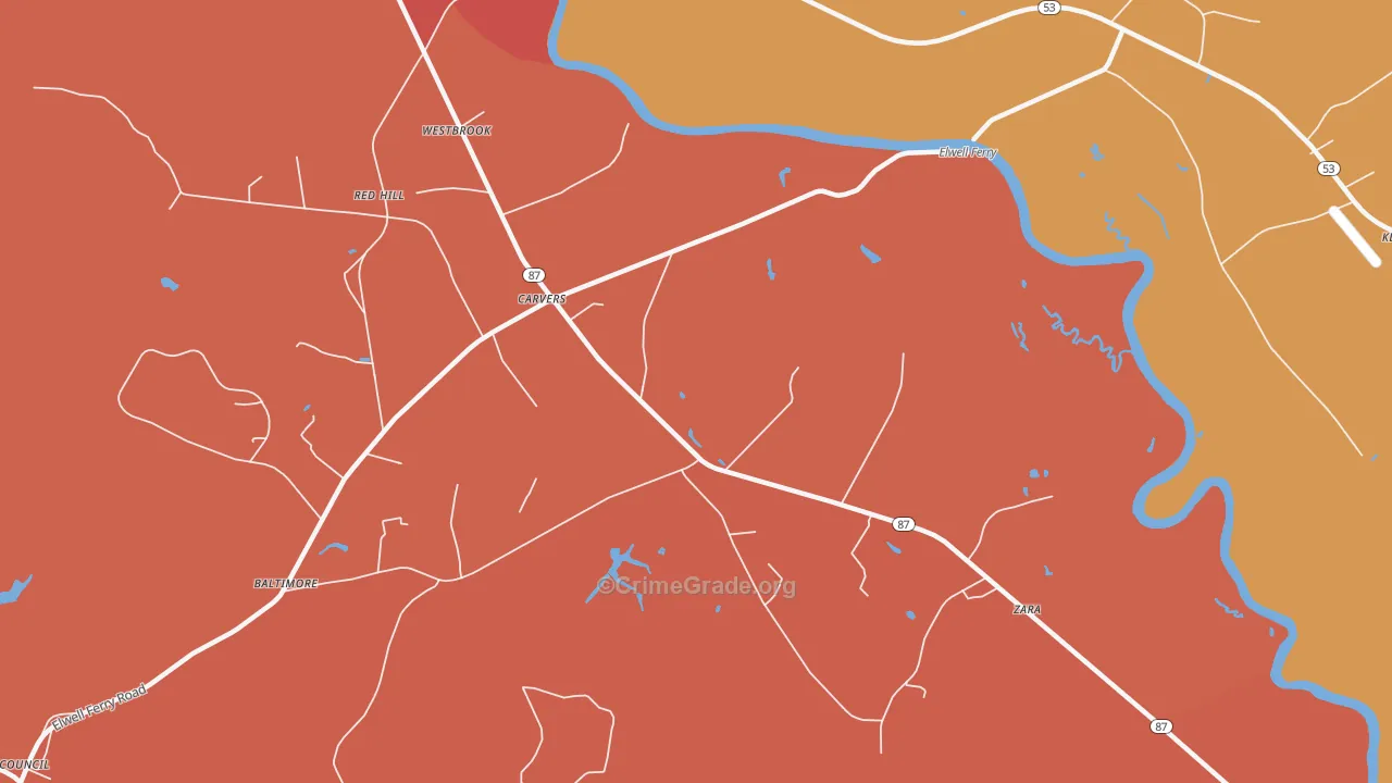 Carvers, NC Map of Assault Rates