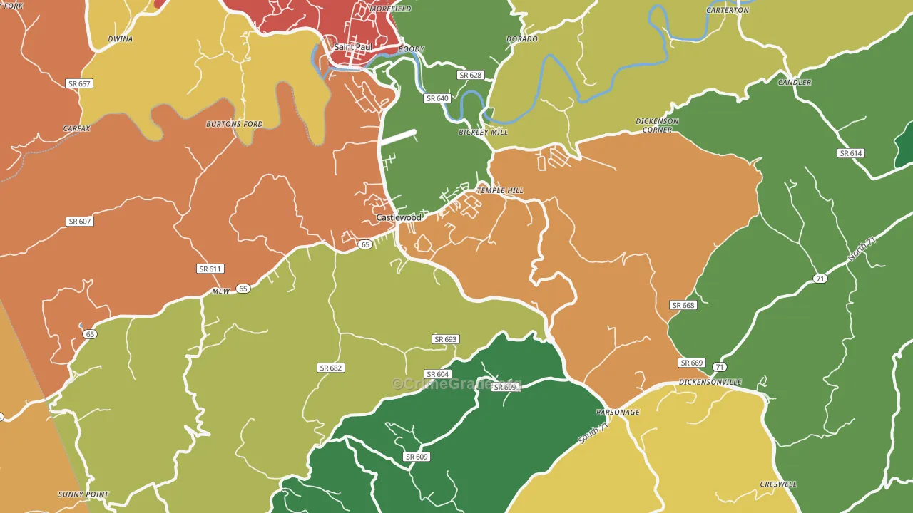 Castlewood, VA Map of Assault Rates