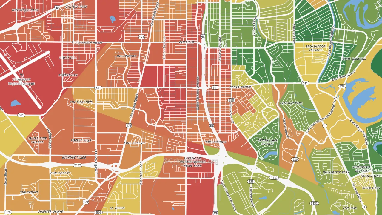 Ceder Grove-Lynbrook, Shreveport, LA Map of Assault Rates