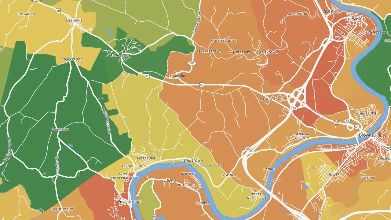 Centerville, Brownsville, PA Map of Assault Rates