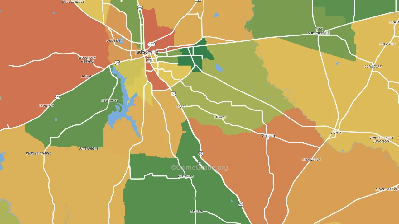 Cherokee County, TX Map of Assault Rates