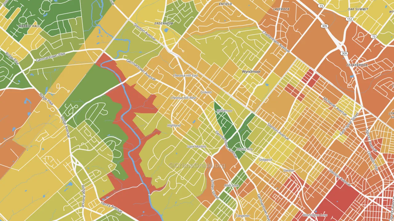 Chestnut Hill, Philadelphia, PA Map of Assault Rates