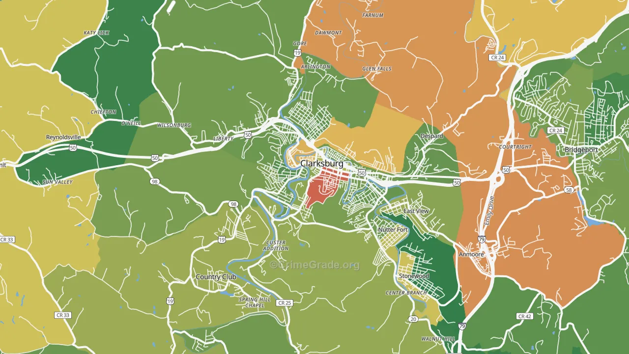 Clarksburg, WV Map of Assault Rates