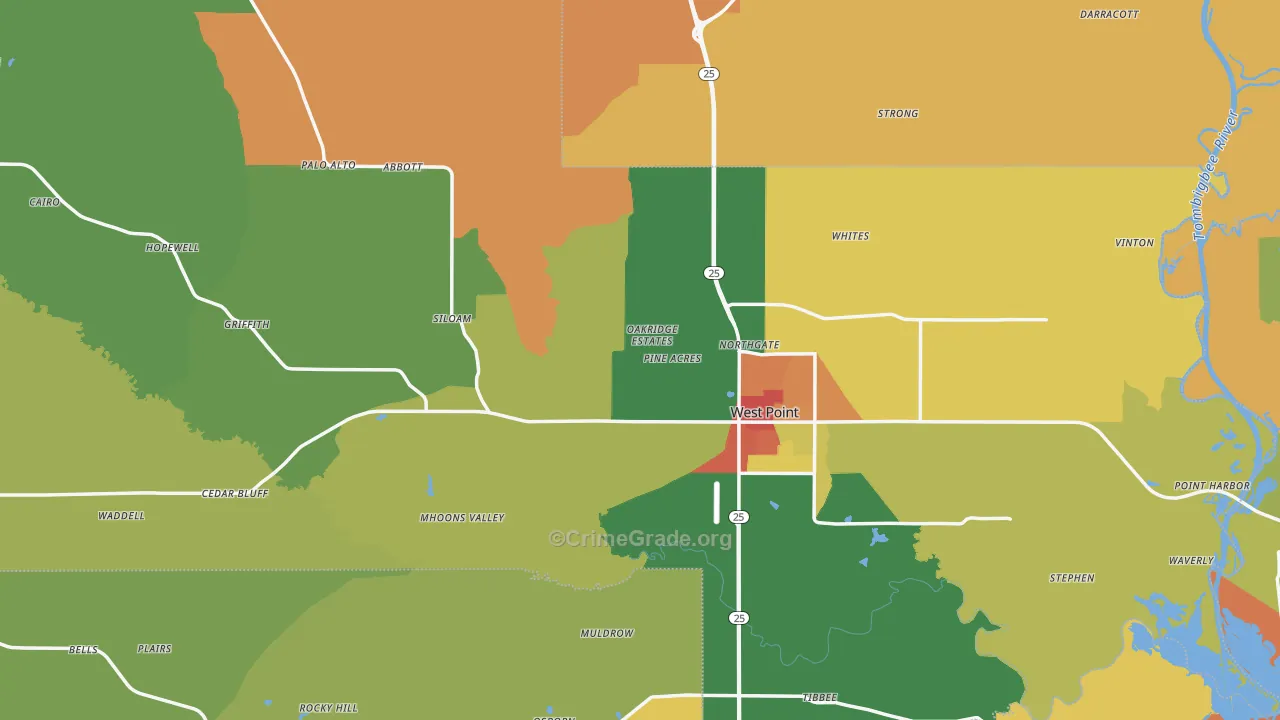 Clay County, MS Map of Assault Rates