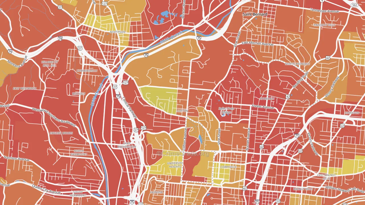 Clifton, Cincinnati, OH Map of Assault Rates