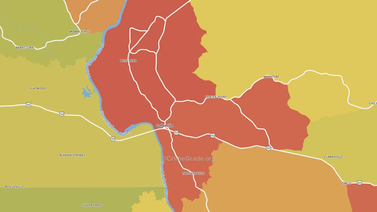Coffeeville, AL Map of Assault Rates