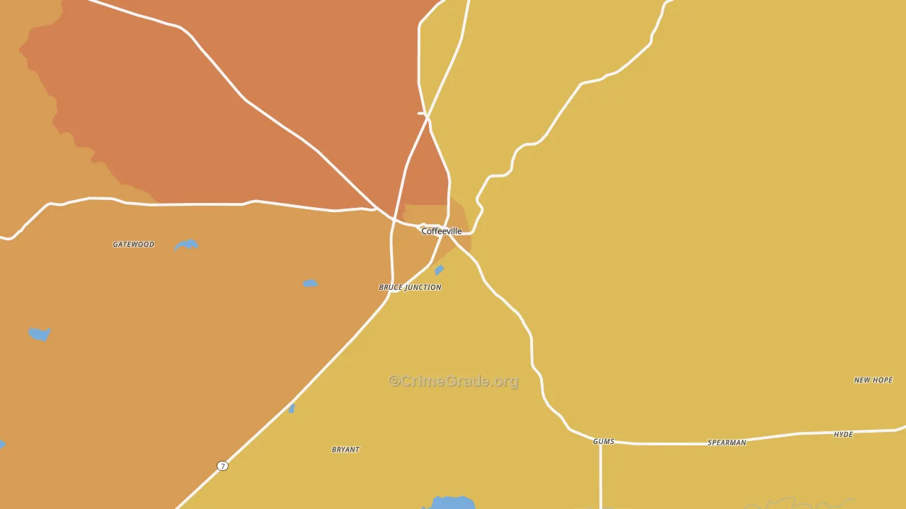 Coffeeville, MS Map of Assault Rates