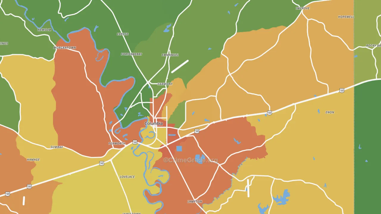 Columbia, MS Map of Assault Rates