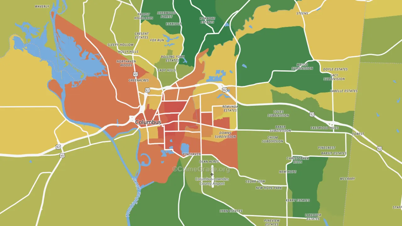 Columbus, MS Map of Assault Rates