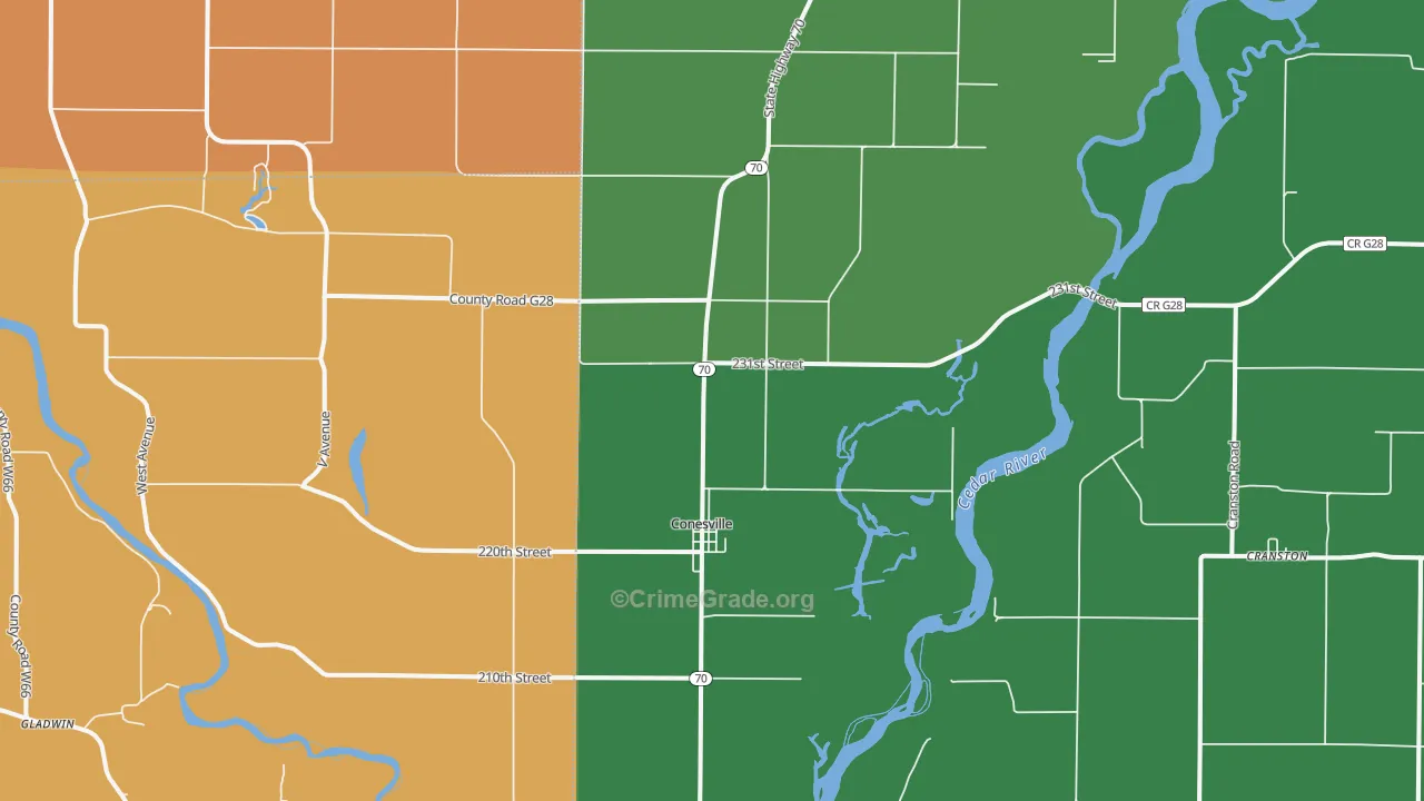Conesville, IA Map of Assault Rates
