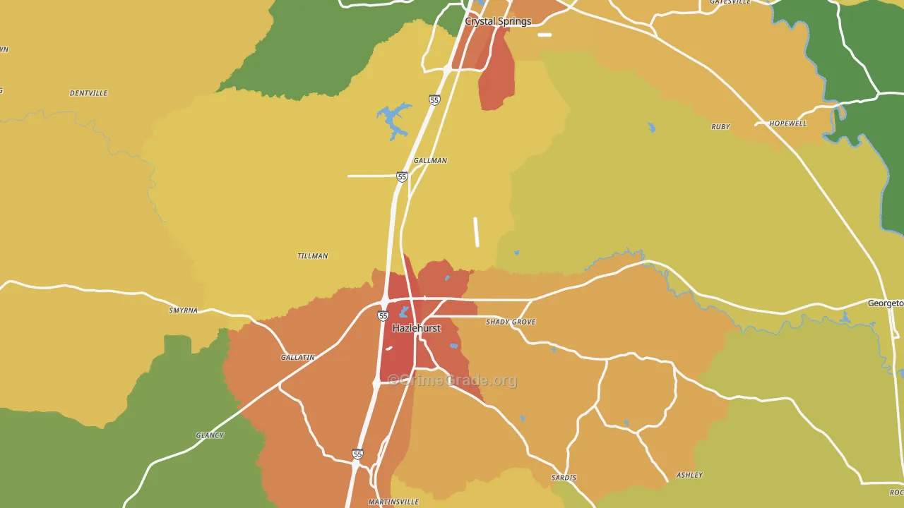Copiah County, MS Map of Assault Rates