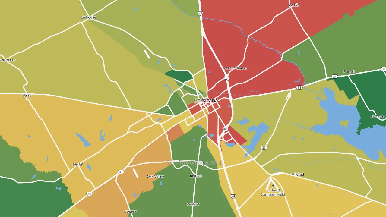 Corsicana, TX Map of Assault Rates