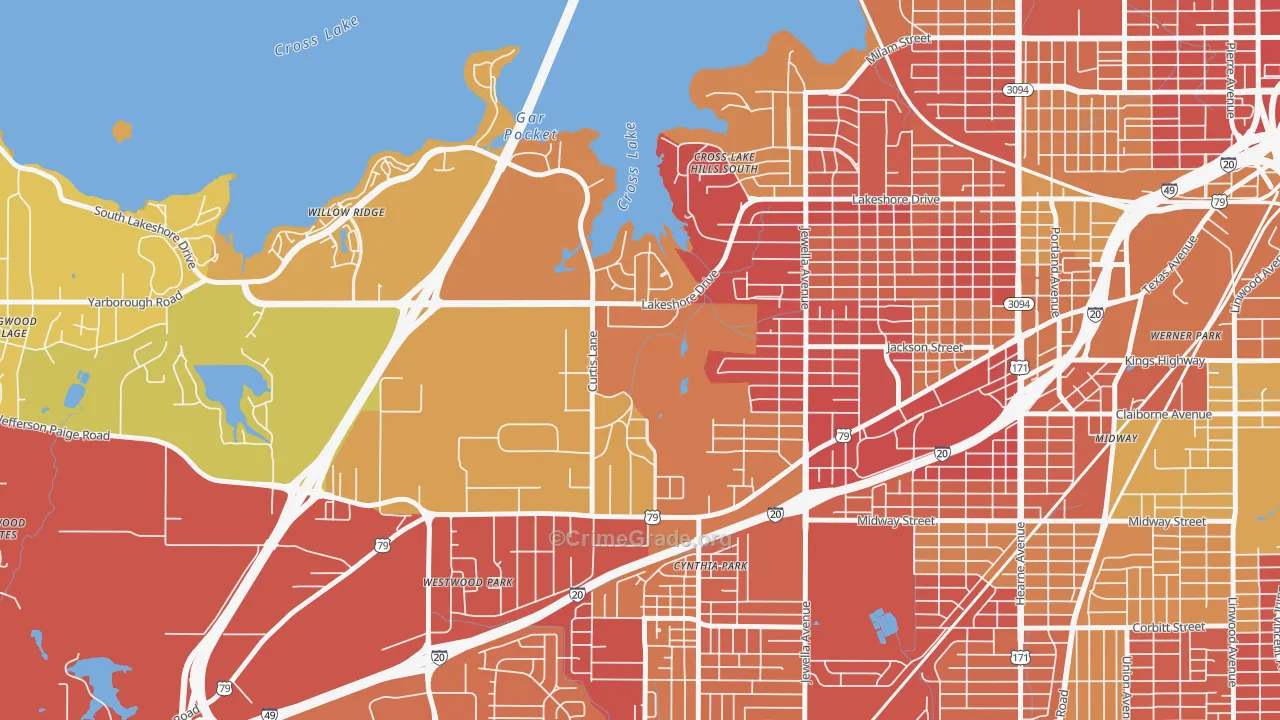 Country Club Hills Lakeshore Shops, Shreveport, LA Map of Assault Rates
